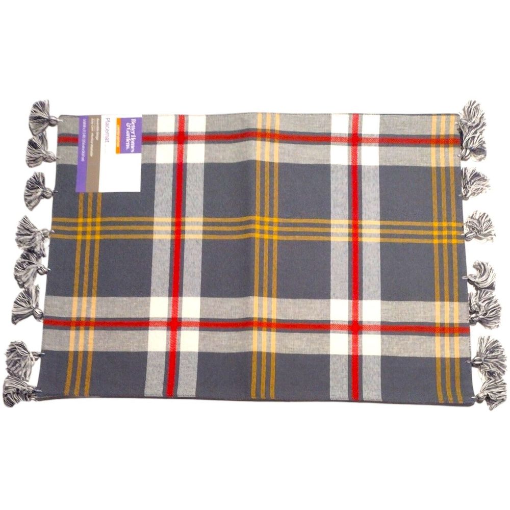 Set 4 Tartan Plaid Gray White Red Placemats Tassels Cotton 14x21 Reversible